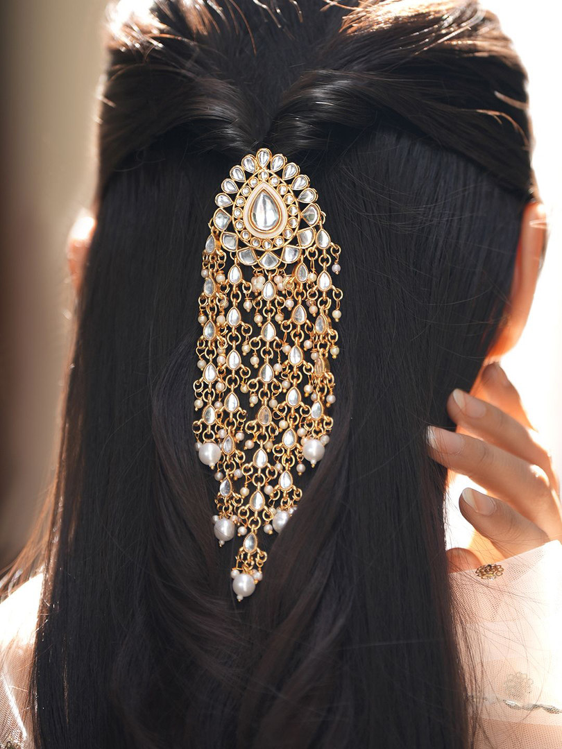 Rubans 18K Gold-Plated Kundan & Pearl Beads Studded Teardrop Multilayer Hair Accessory